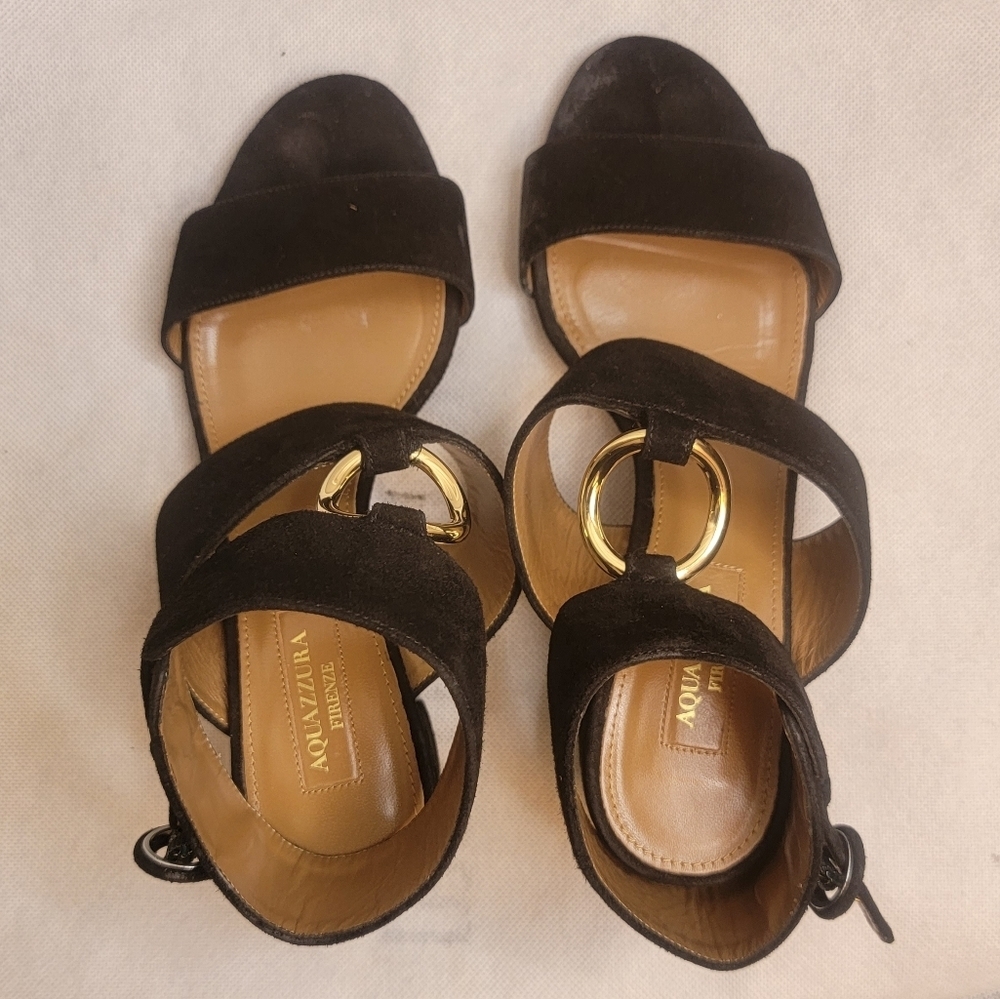 AQUAZZURA CAMEL SUEDE SAFARI LEATHER GOLD RING MID HEEL ANKLE STRAP  SANDALS - Picture 3 of 16